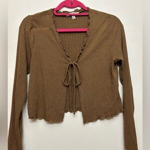 Brown Ribbed Tie-Front Cardigan